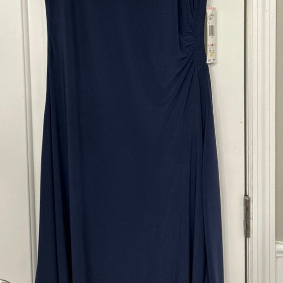 Evan Picone Blue Jersey Ruched Cap Sleeve Fit To Flare Asymmetrical Dress 10 - Picture 4 of 15